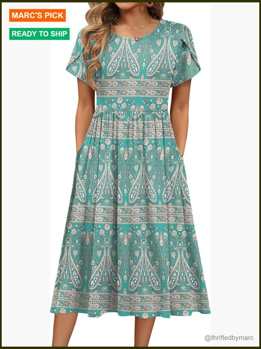 Women's Flowy A-Line Midi Sundress with Pockets Short Sleeve
